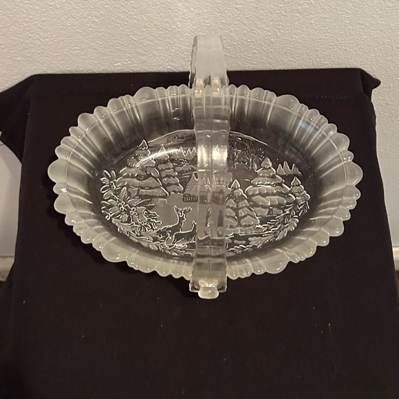 Mikasa oval winter scene crystal basket. 9.5” with handle. - Picture 3 of 9